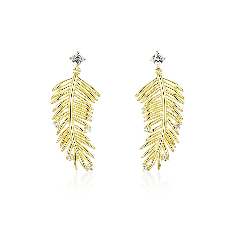 Leaf with Zircon Silver Drop Earrings for Women