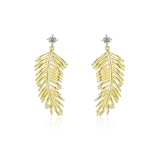 Leaf with Zircon Silver Drop Earrings for Women