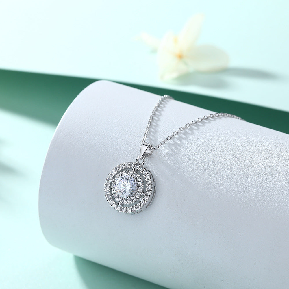 Round Zircon Soleste Halo Pendant Silver Necklace for Women