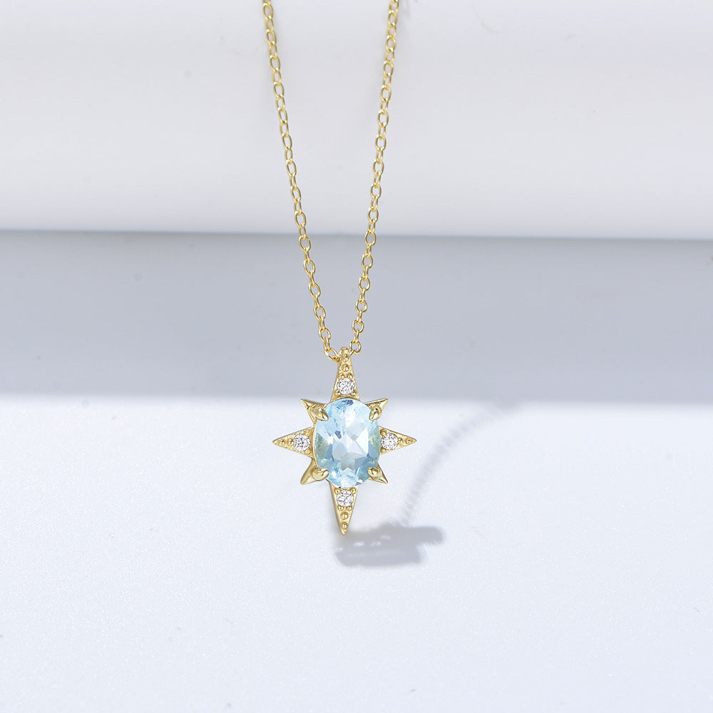 Eight-pointed star with Oval Sky Blue Topaz Pendant Sterling Silver for Women