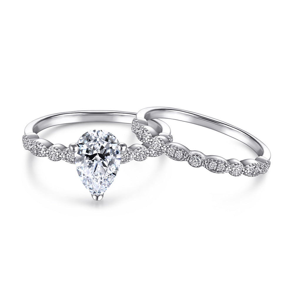 Pear Drop Zircon Solitaire with Beading Silver Ring Set