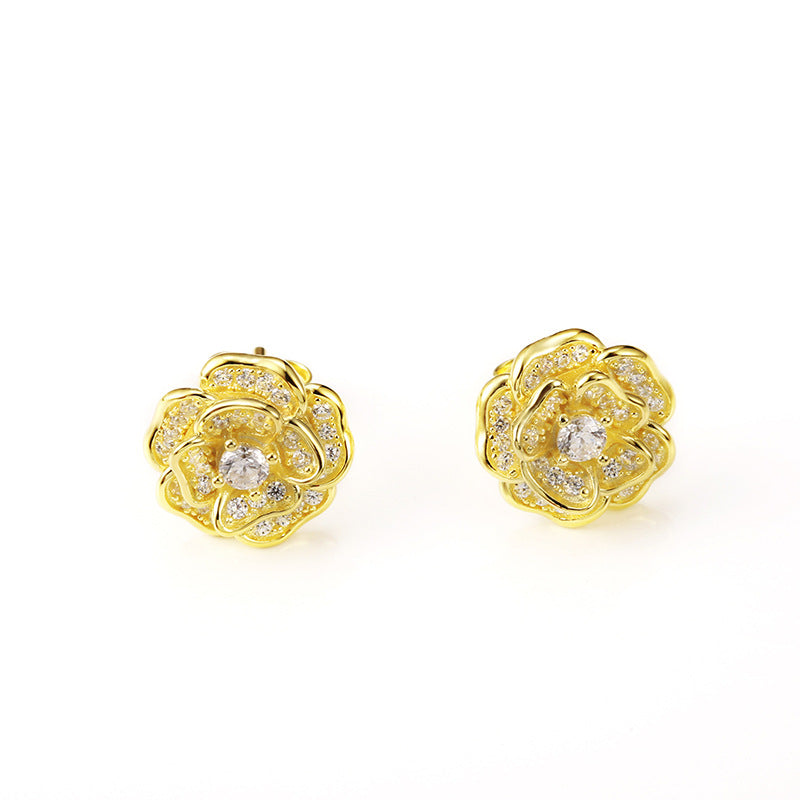 Zircon Camellia Silver Studs Earrings for Women