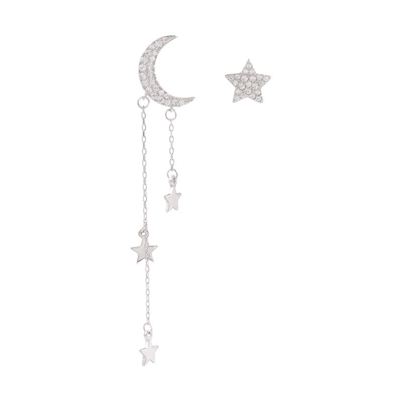 Zircon Star Moon Tassels Asymmetric Silver Drop Earrings for Women