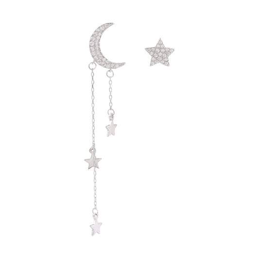 Zircon Star Moon Tassels Asymmetric Silver Drop Earrings for Women