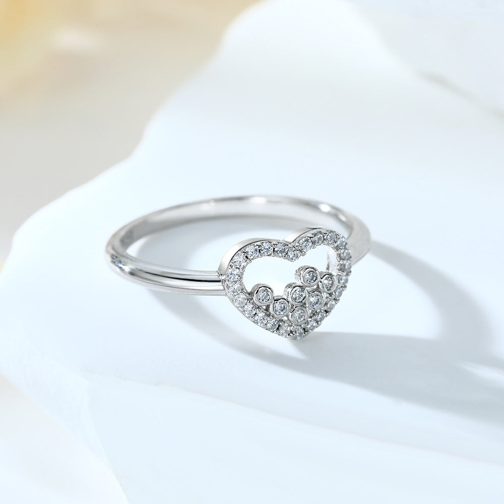 Hollow Zircon Heart Silver Ring for Women