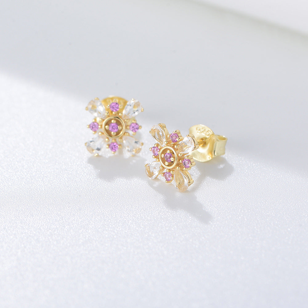 Pink Zircon Petals Silver Studs Earrings for Women