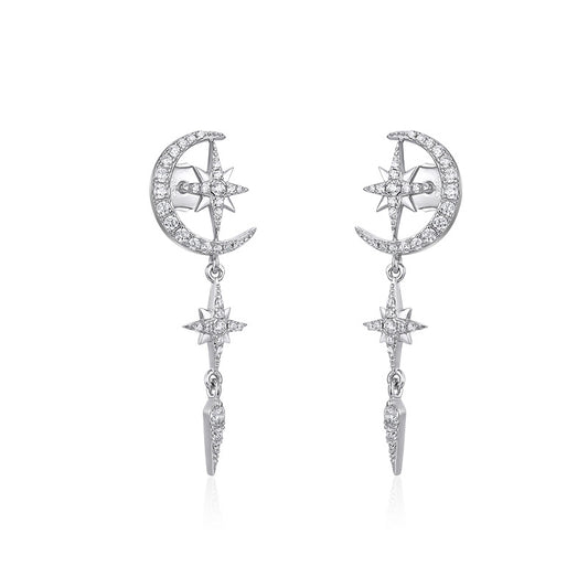 Zircon Moon Star Tassel Silver Drop Earrings for Women