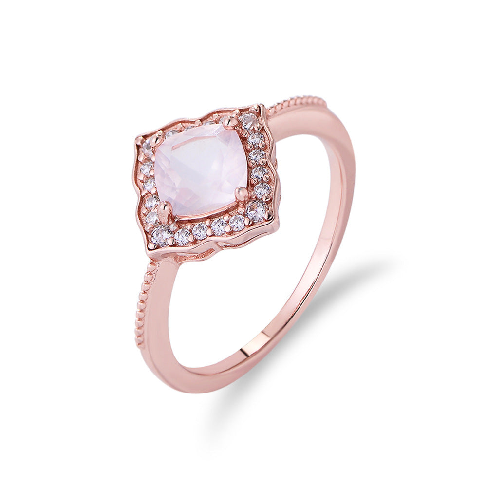 Pink Crystal Square Fashion Soleste Halo Sterling Silver Ring for Women