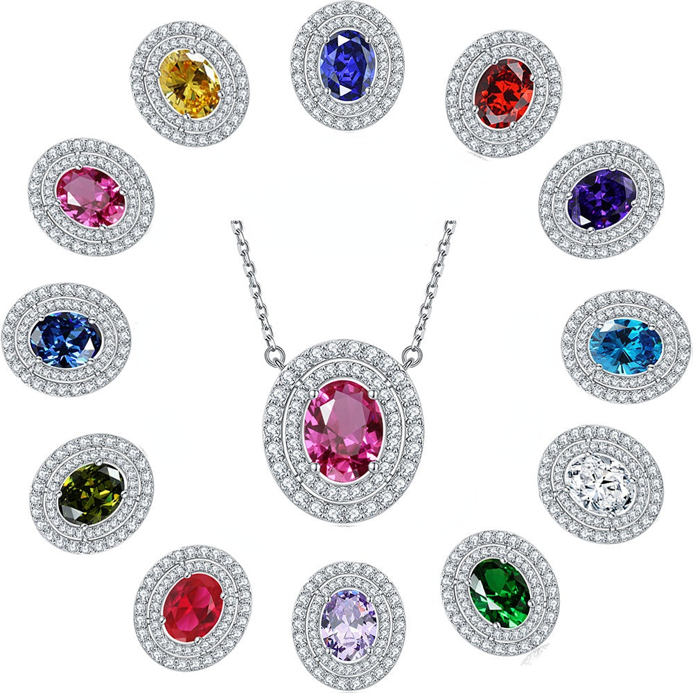 Oval Colourful Zircon Soleste Halo Pendant Silver Necklace for Women