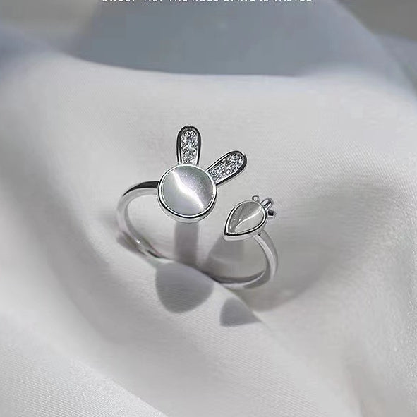 Bunny and Carrot with Chalcedony Silver Ring for Women