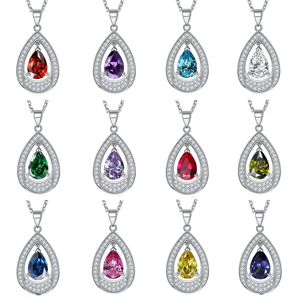 Water Drop Colourful Zircon Pendant Silver Necklace for Women