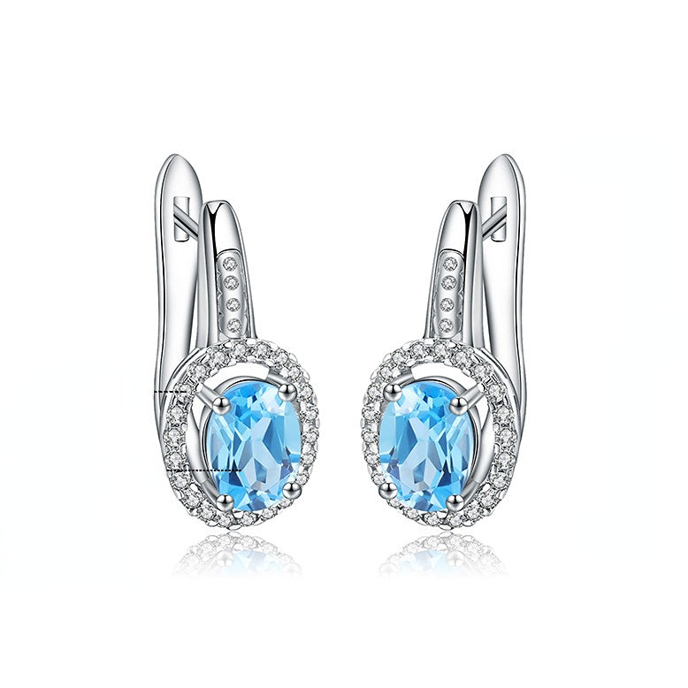 European Natural Topaz Soleste Halo Oval Shape Silver Studs Earrings for Women