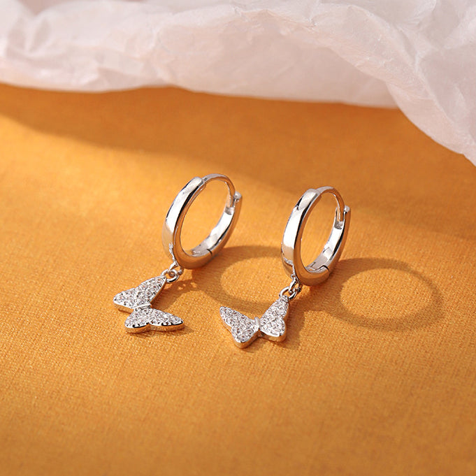 Mini Zircon Butterfly Silver Hoop Earrings for Women