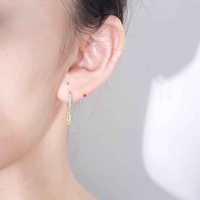 Turquoise Feather Silver Drop Earrings for Women