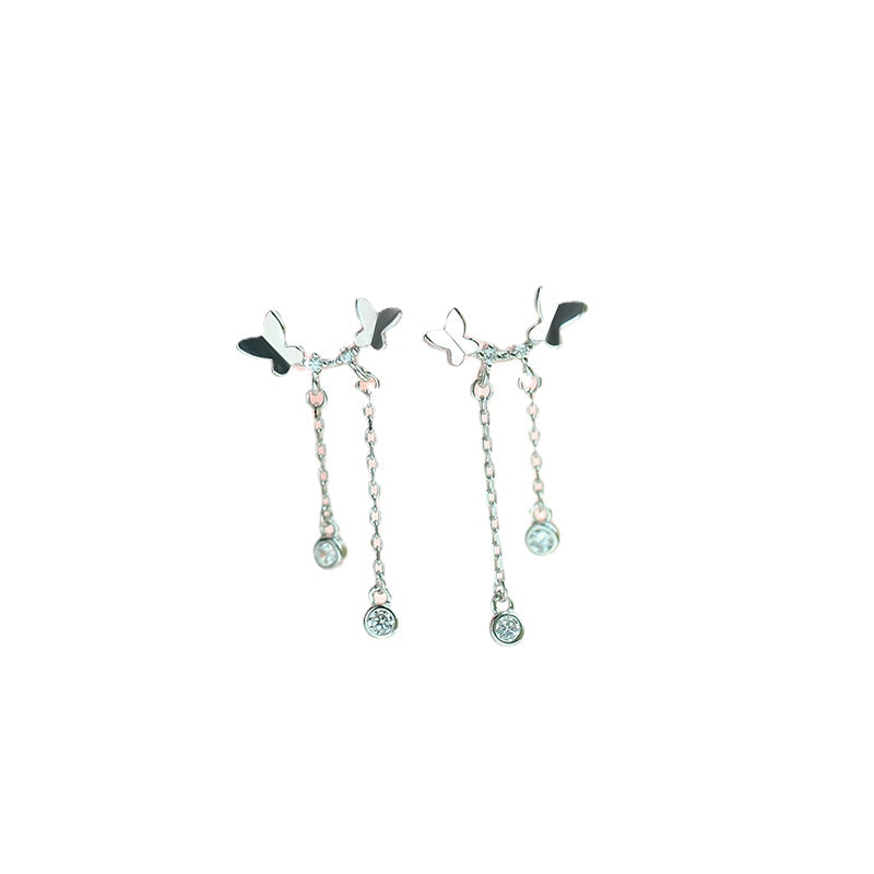 Mini Butterfly Tassel Silver Drop Earrings for Women