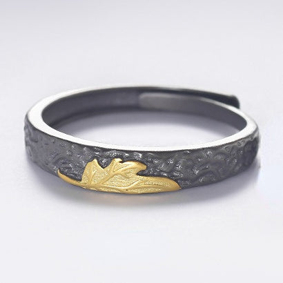 Gold Colour Maple Leaf Pleated Texture Silver Couple Ring for Women