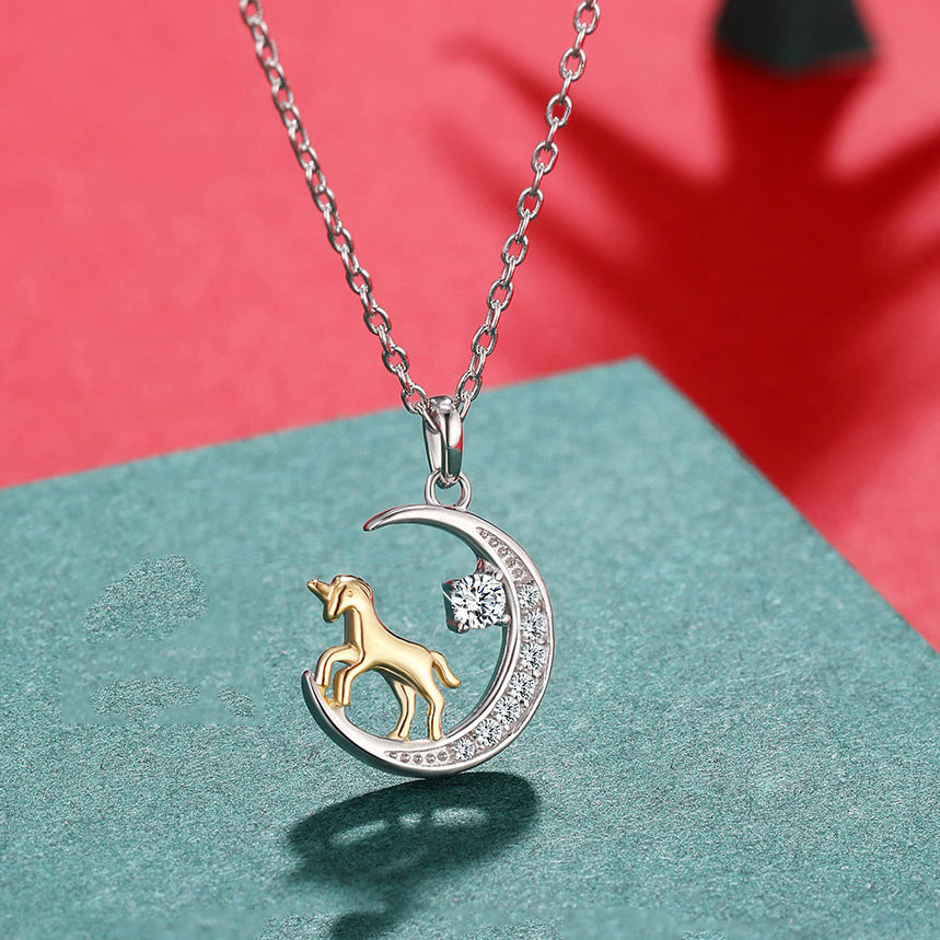 Unicorn with Zircon Moon Silver Necklace for Women