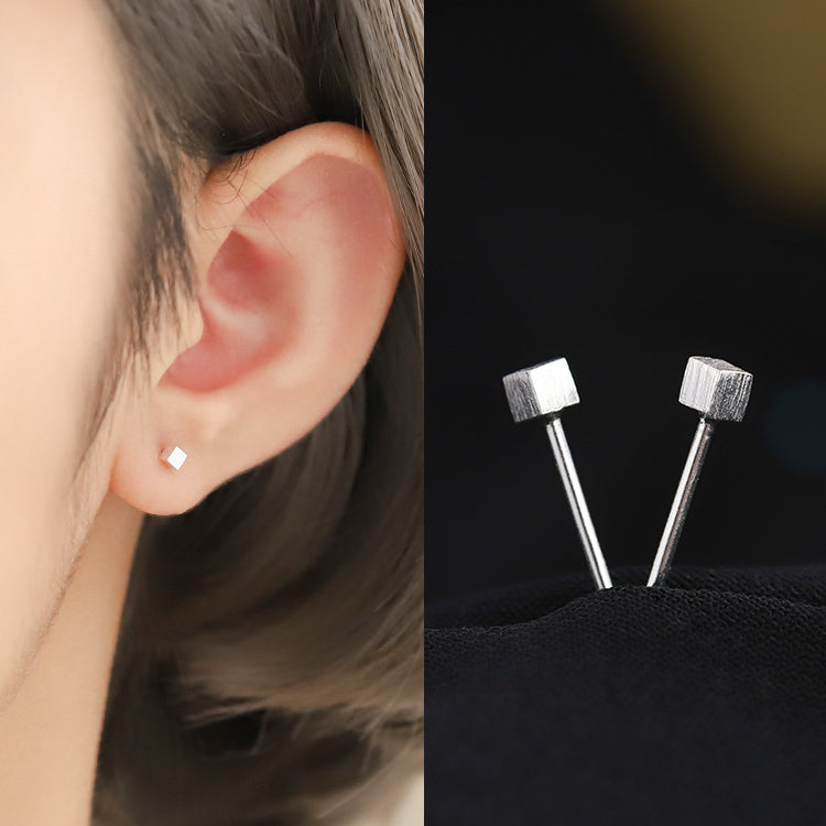 Wire-drawn Mini Cube Silver Studs Earrings for Women