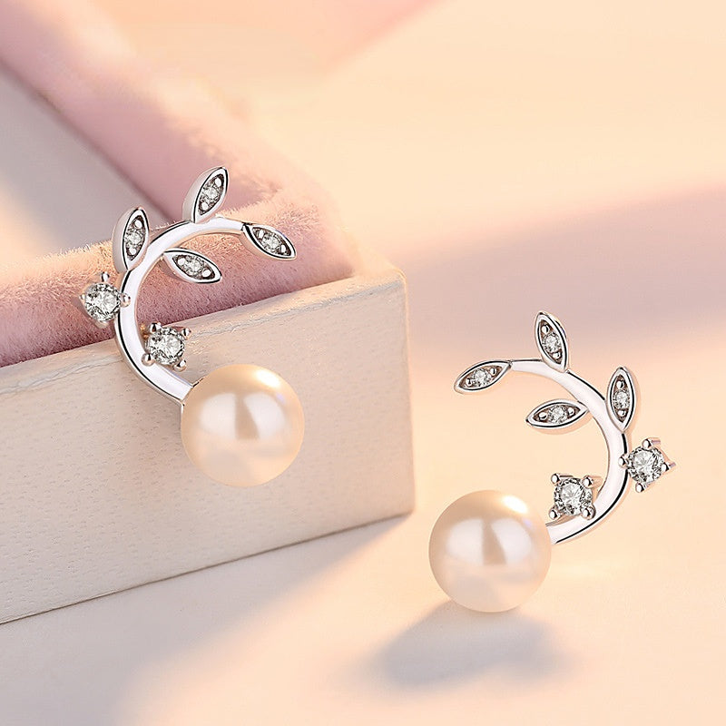 Zircon Branch with Pearl Silver Studs Earrings for Women