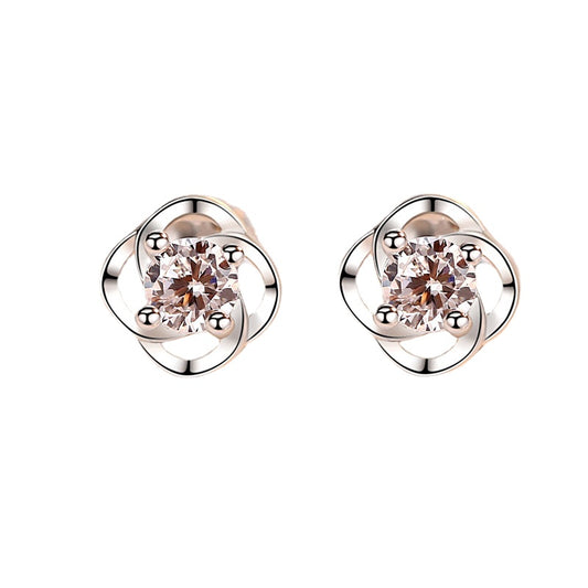 Round Zircon Lucky Clover Silver Studs Earrings for Women