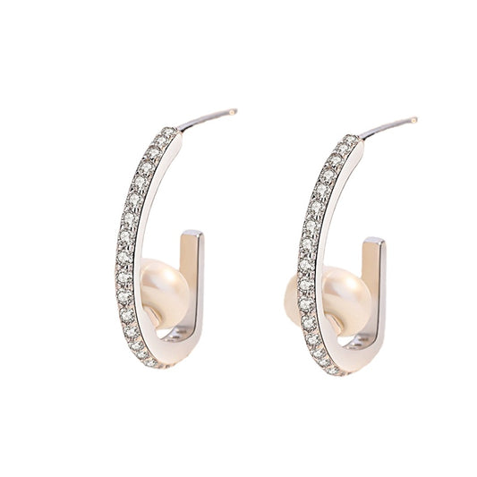 Zircon G-shape with Pearl Silver Studs Earrings for Women