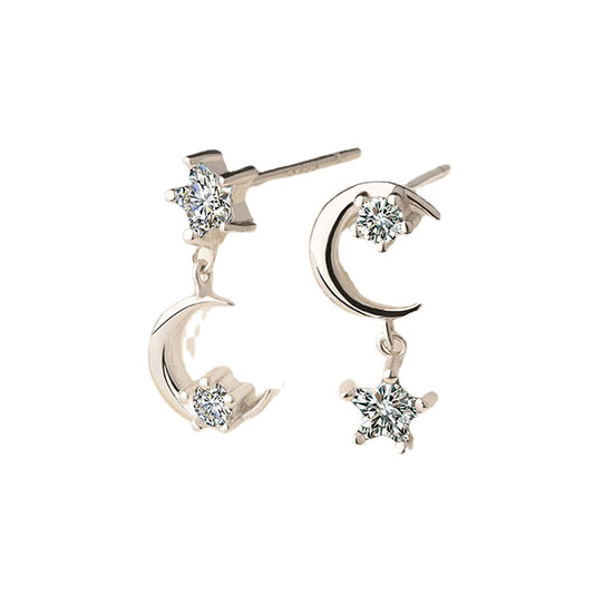 Moon Star Asymmetric Silver Drop Earrings for Women