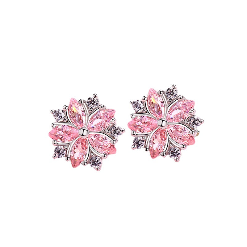 Pink Zircon Cherry Blossoms Silver Studs Earrings for Women