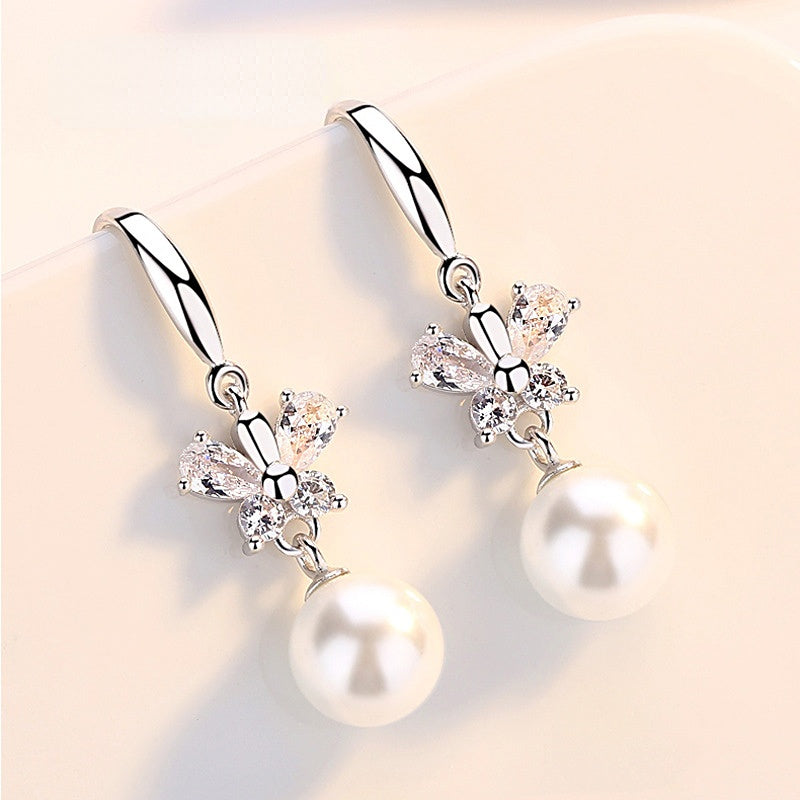 Zircon Butterfly with Pearl Pendant Silver Drop Earrings for Women