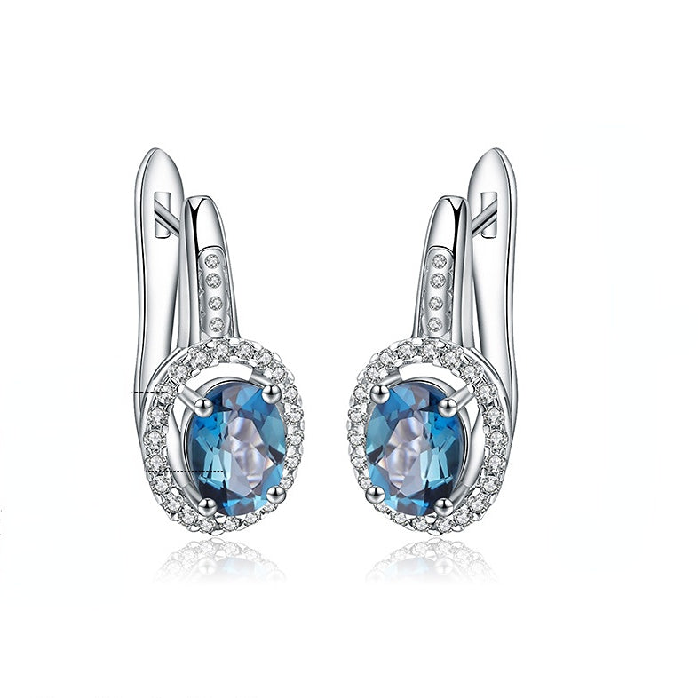 European Natural Topaz Soleste Halo Oval Shape Silver Studs Earrings for Women