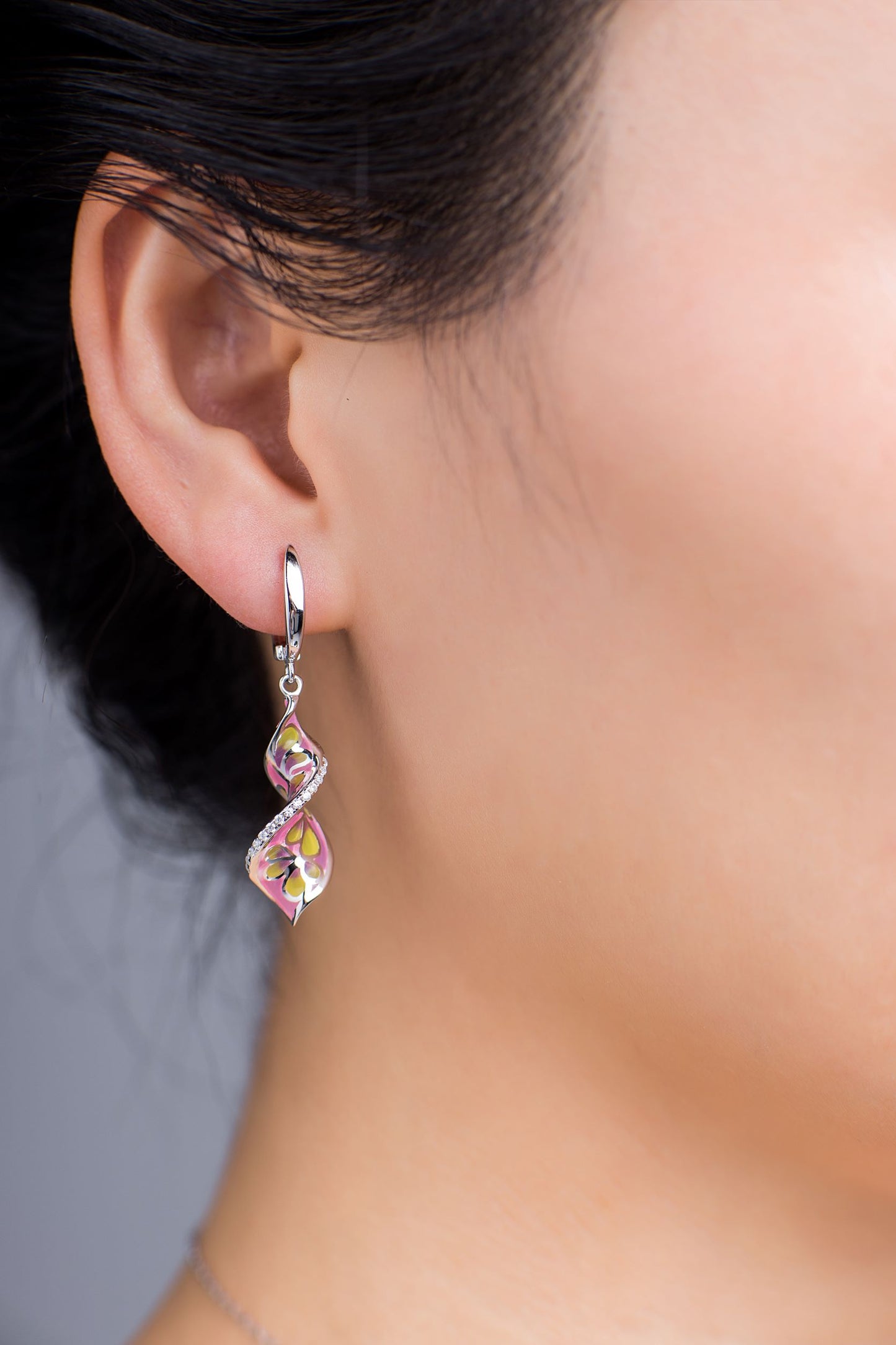 Pink Twist Lines Enamel Silver Drop Earrings for Women