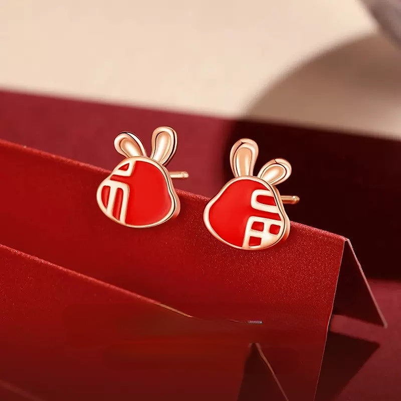 Red Enamel Fortune Rabbit Silver Studs Earrings for Women