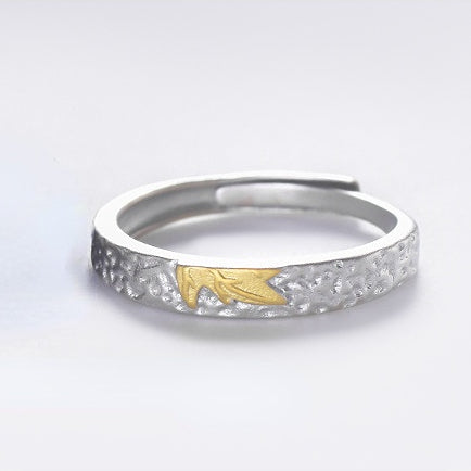 Gold Colour Maple Leaf Pleated Texture Silver Couple Ring for Women