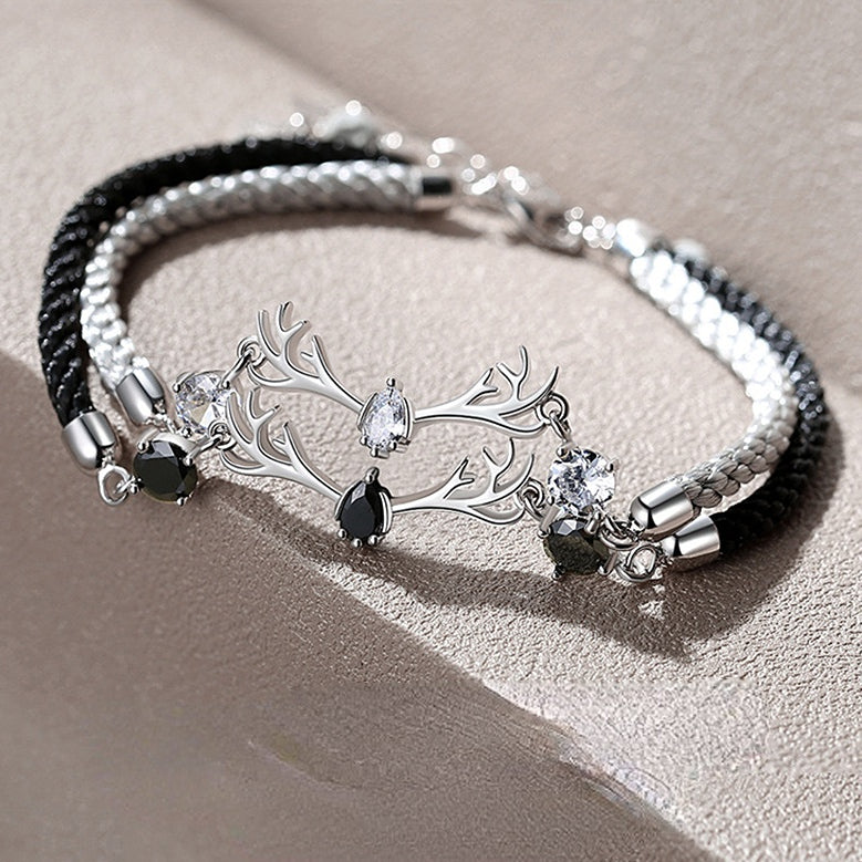 Two Colour Zircon Silver Deer Woven Rope Couple Bracelets for Women