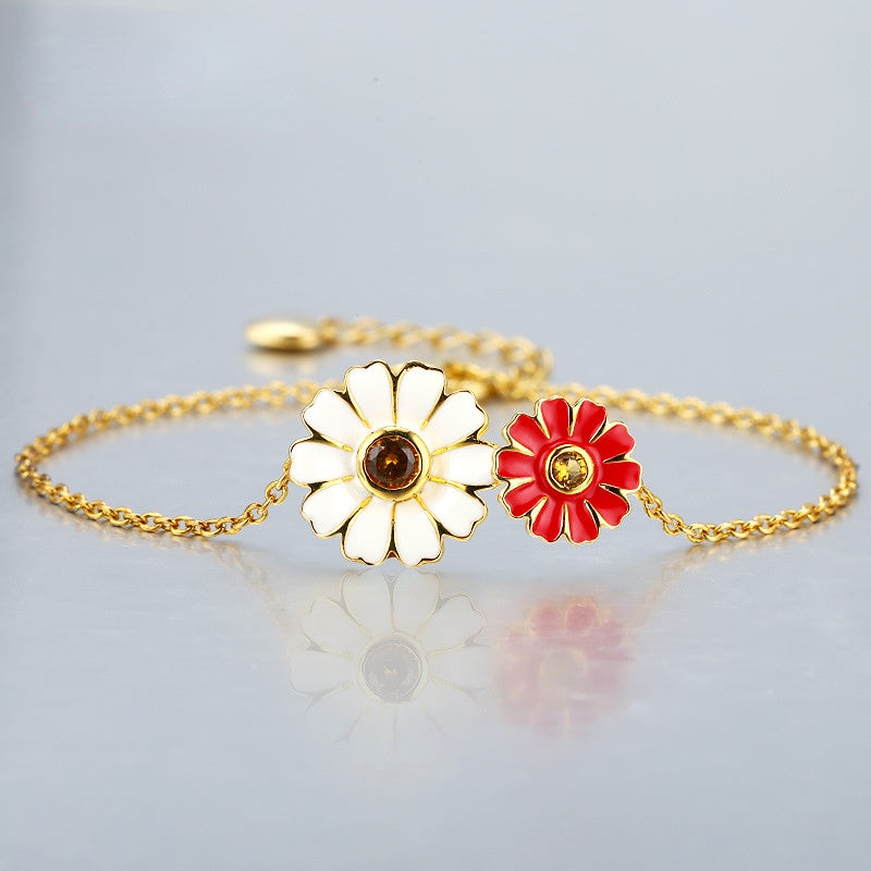 Double Daisy with Yellow Zircon Silver Bracelet for Women