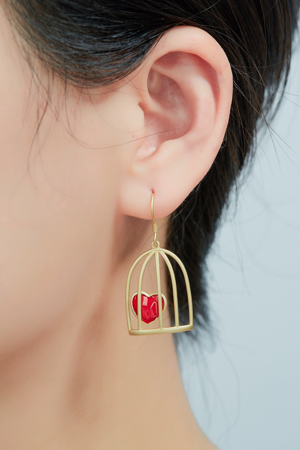 Red&Golden Flying Heart and Cage Enamel Drop Earrings for Women