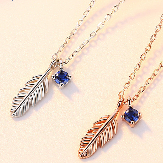 Leaf with Blue Zircon Silver Necklace for Women