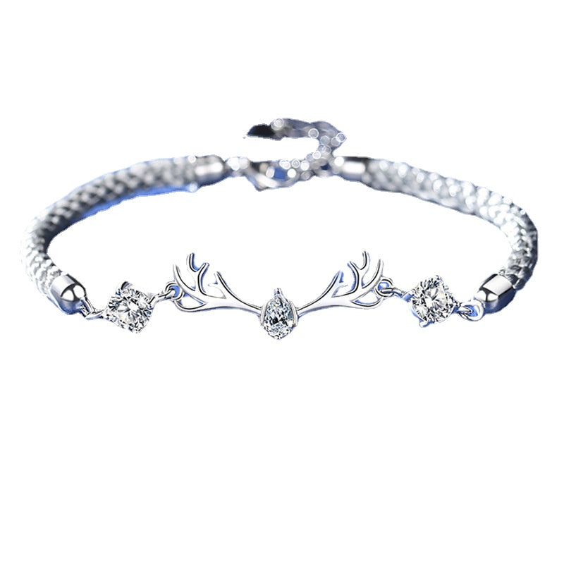 Two Colour Zircon Silver Deer Woven Rope Couple Bracelets for Women