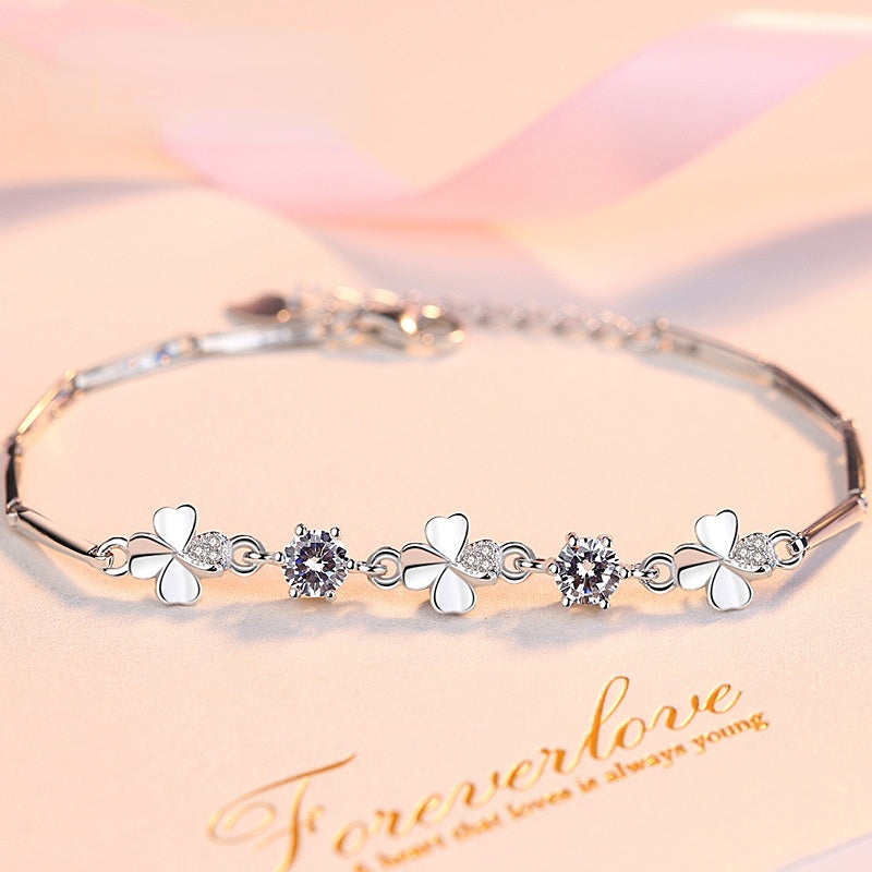 Lucky Zircon Clover Silver Bracelet for Women