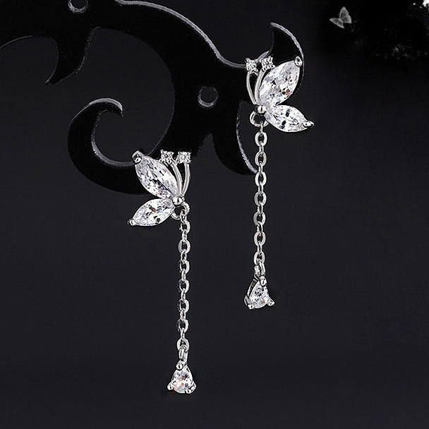 Zircon Butterfly Long Tassel Silver Drop Earrings for Women