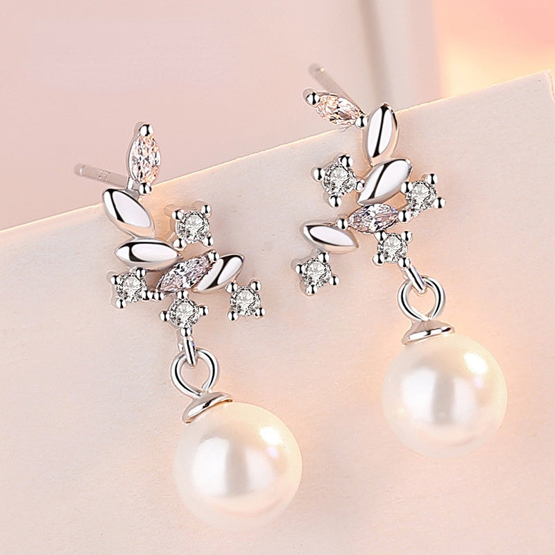 Leaf with Pearl Silver Drop Earrings for Women