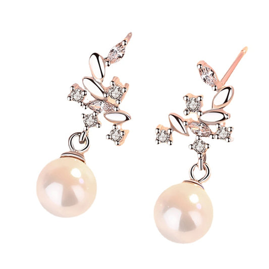 Leaf with Pearl Silver Drop Earrings for Women