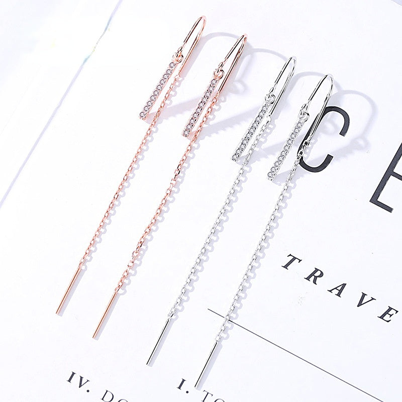 Long Style Tassel Ear Line Silver Drop Earrings for Women