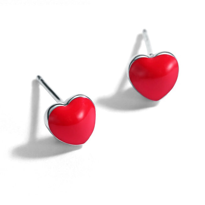 Red Heart Silver Studs Earrings for Women