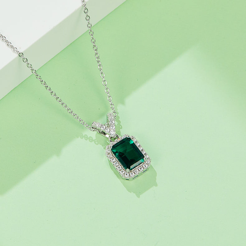 Green Zircon Stone Solitaire Drop Letter V Rectangle Necklace for Women