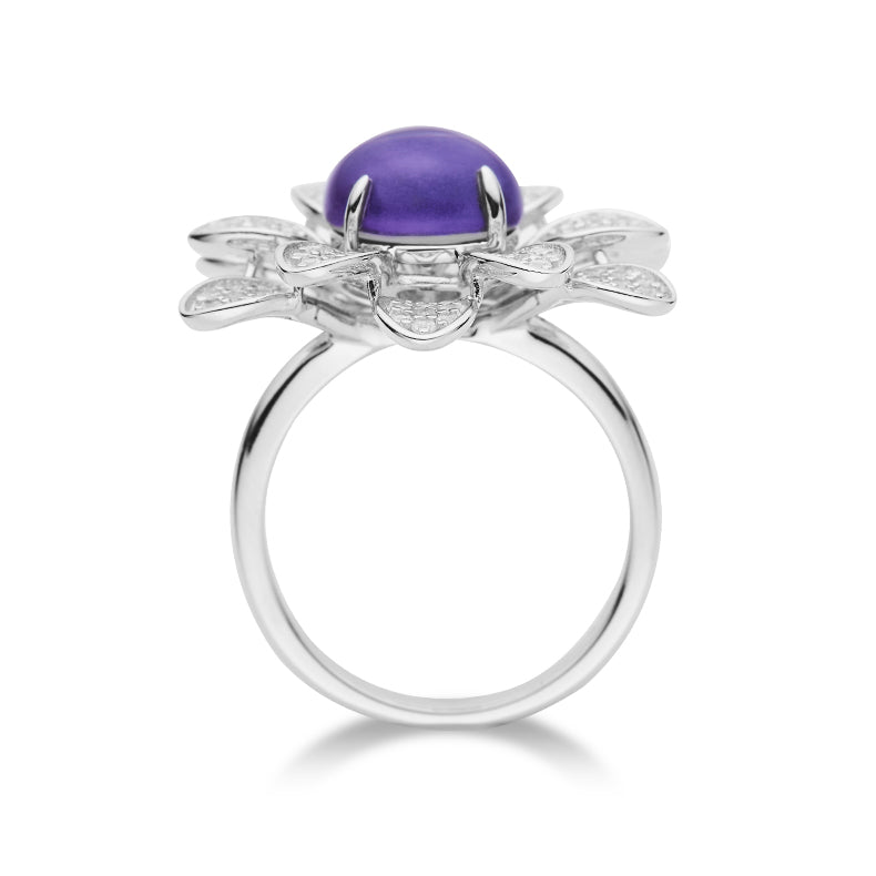 Purple Crystal Stone Solitaire Flower Ring for Women