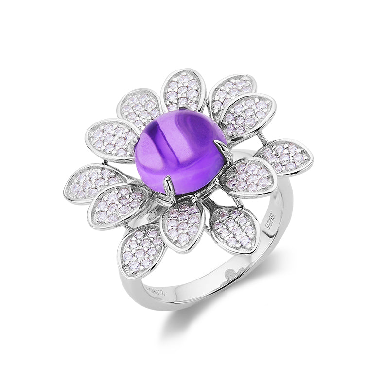 Purple Crystal Stone Solitaire Flower Ring for Women