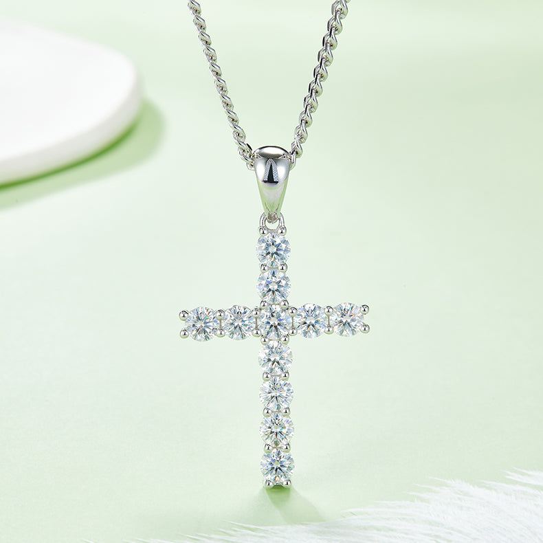 (Two Colours) 5.0mm Moissanite Classical Crucifix Pendant Plated Platinum Silver Necklace for Women