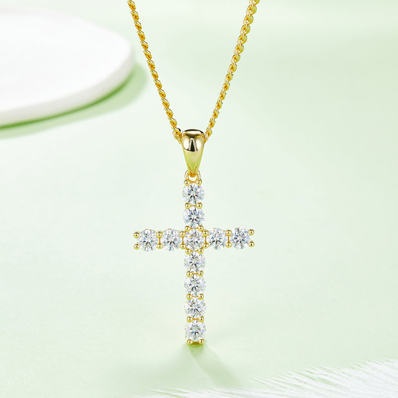 (Two Colours) 5.0mm Moissanite Classical Crucifix Pendant Plated Platinum Silver Necklace for Women